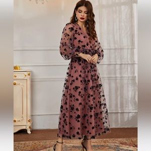 🆕 SHEIN-Floral Mesh Belted Surplice Front Dress